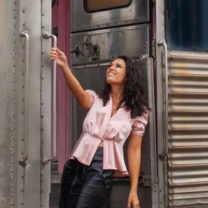 Pink button up peplum top
